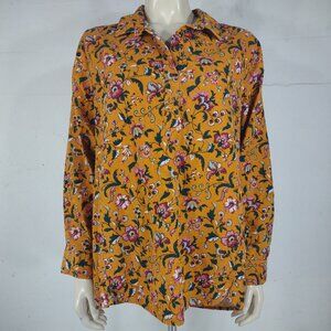 Garnet Hill orange floral 100% cotton long sleeve corduroy button up shirt Small